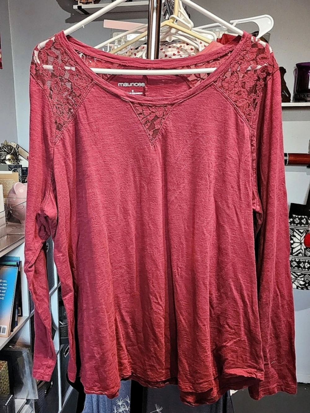 Maurices Long Sleeve Lace Detail Top in Pink